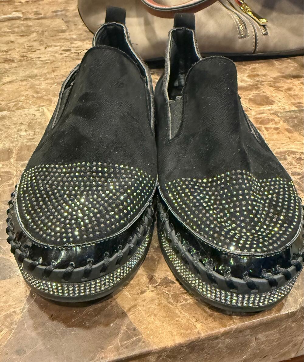 Women's Loafers Rhinestone Round Toe Casual Low Heel Shoes Oversize Slip On
